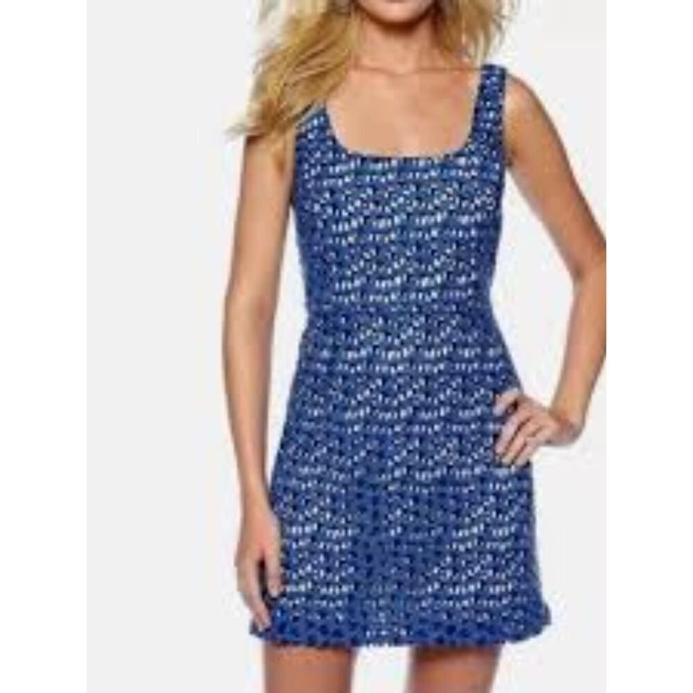 French Connection Wilma Blue Crochet Knit Mini Dress Size 6 Summer Boho - Picture 2 of 13